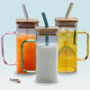 Caneca de Vidro com Canudo e Tampa em Bambu 400ml